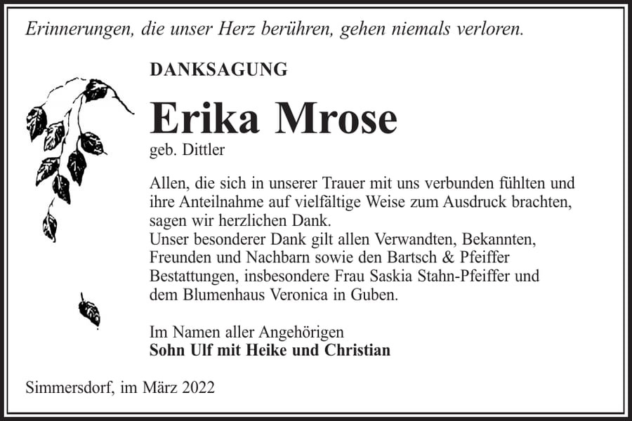 Danksagung Erika Mrose, geb. Dittler