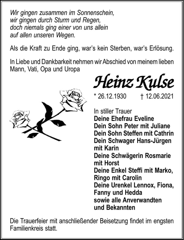 Traueranzeige Heinz Kulse