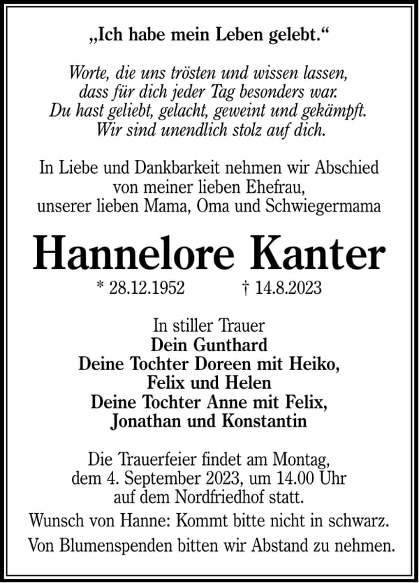 Traueranzeige Hannelore Kanter
