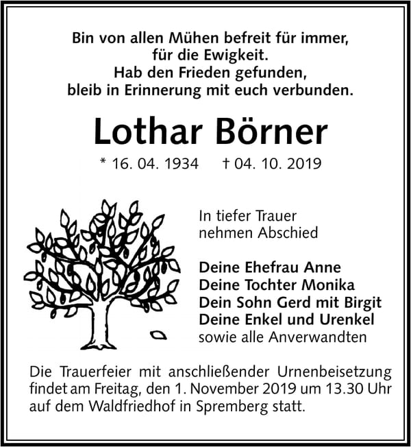Traueranzeige Lothar Börner