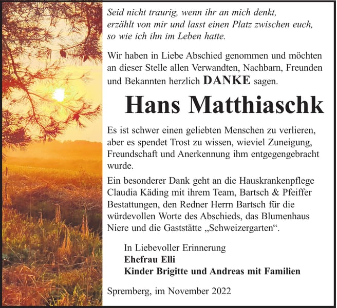 Danksagung Hans Matthiaschk