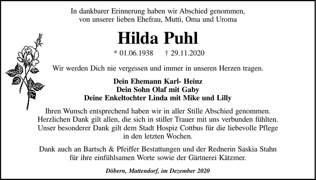 Danksagung Hilda Puhl