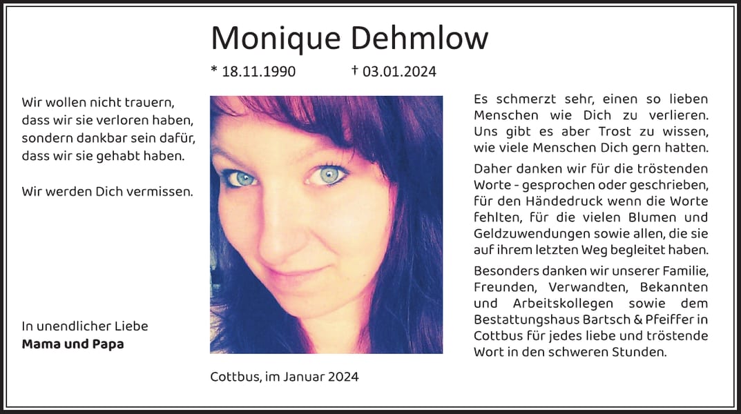 Traueranzeige Monique Dehmlow