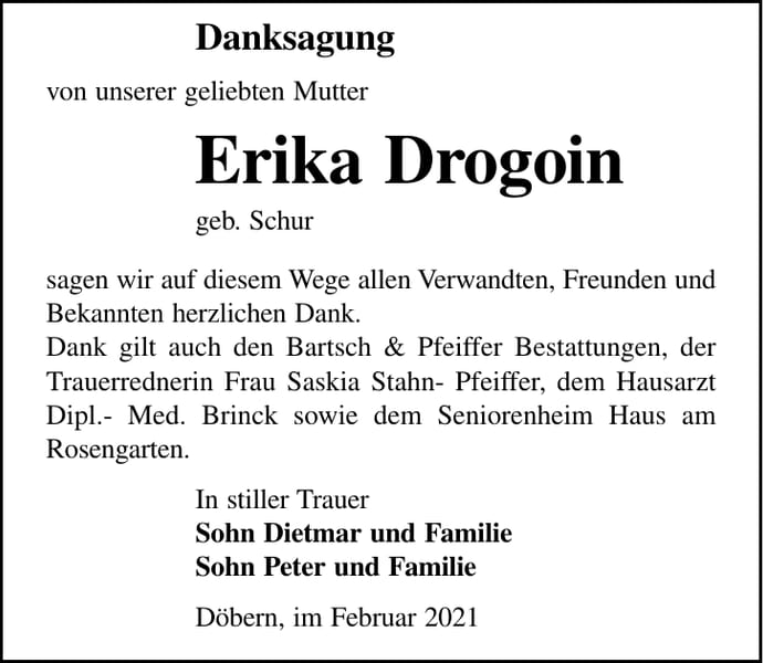 Danksagung Erika Drogoin, geb. Schur