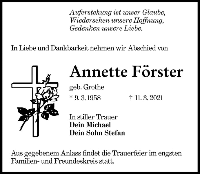 Traueranzeige Annette Förster, geb. Grothe