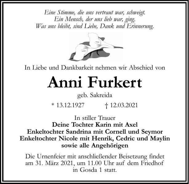 Traueranzeige Anni Furkert, geb. Sakreida