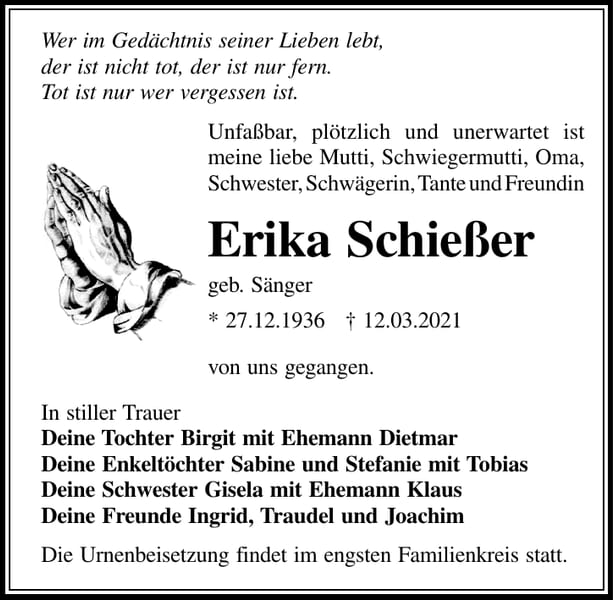 Traueranzeige Erika Schießer, geb. Sänger