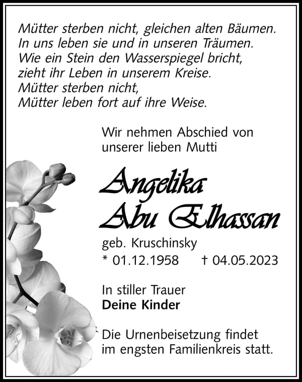 Traueranzeige Angelika Abu Elhassan, geb. Kruschinsky