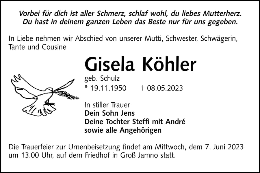 Traueranzeige Gisela Köhler, geb. Schulz