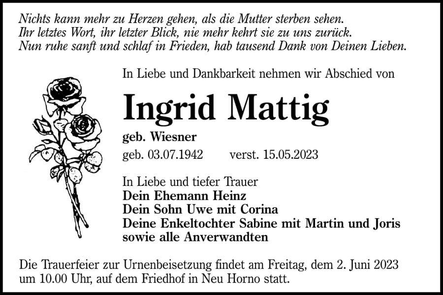 Traueranzeige Ingrid Mattig, geb. Wiesner
