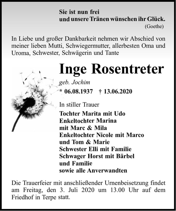 Traueranzeige Inge Rosentreter, geb. Jochim