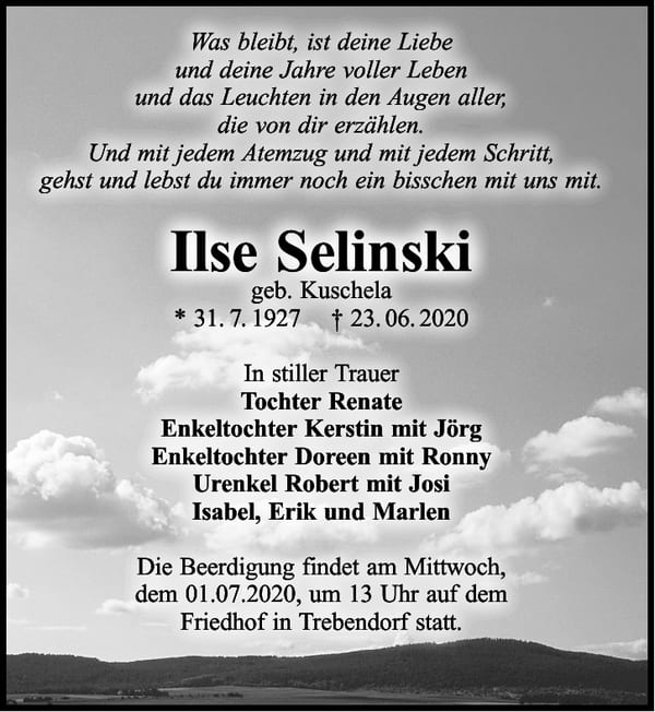 Traueranzeige Ilse Selinski, geb. Kuschela