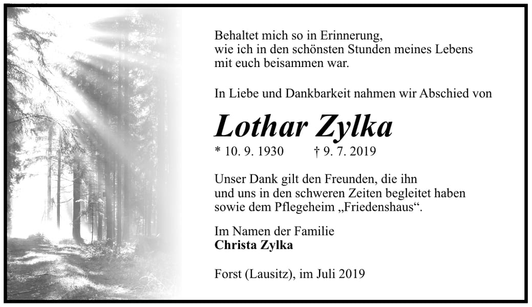 Traueranzeige Lothar Zylka