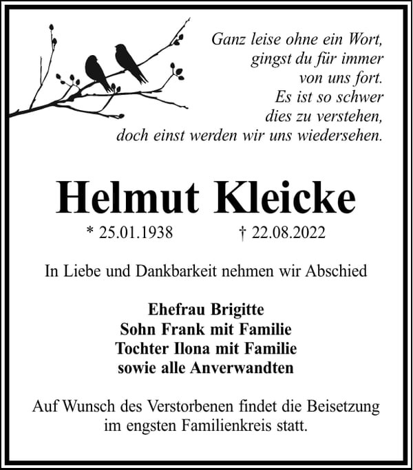 Traueranzeige Helmut Kleicke