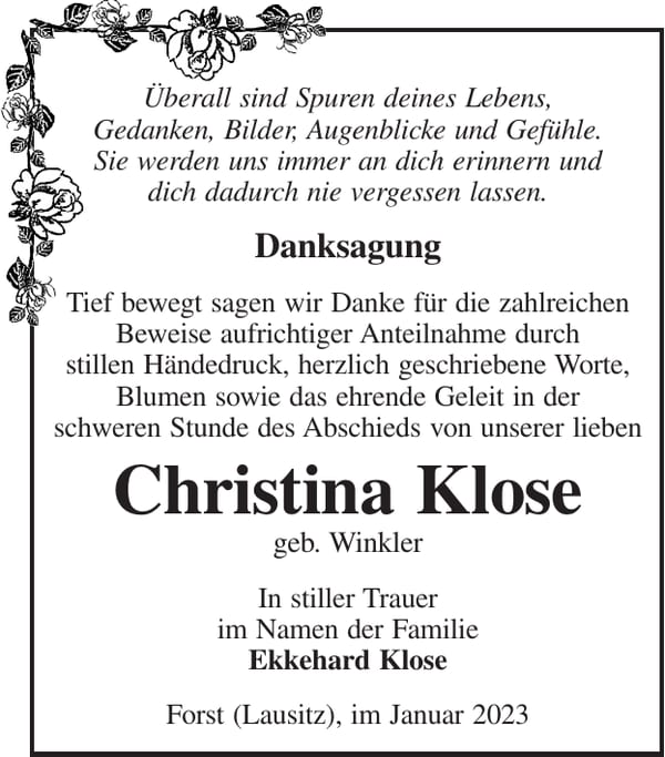 Danksagung Christina Klose, geb. Winkler