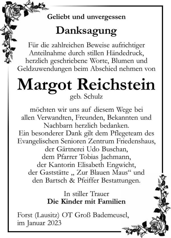 Danksagung Margot Reichstein, geb. Schulz