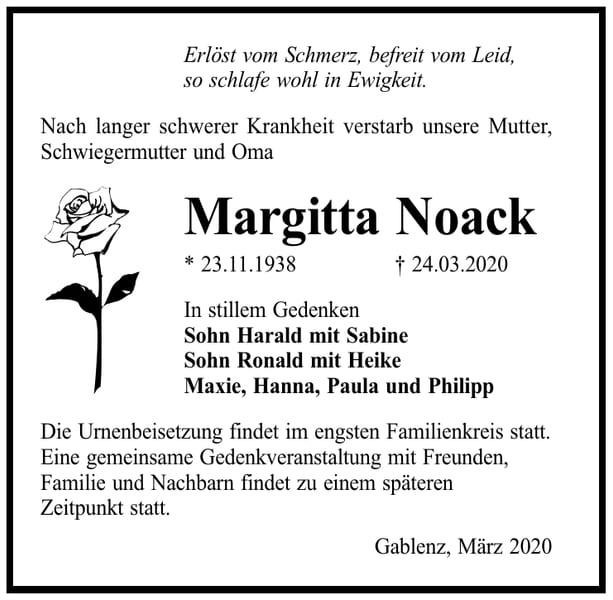 Traueranzeige Margitta Noack