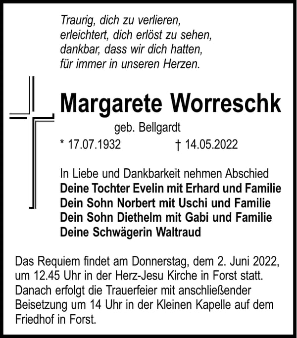 Traueranzeige Margarete Worreschk, geb. Bellgardt