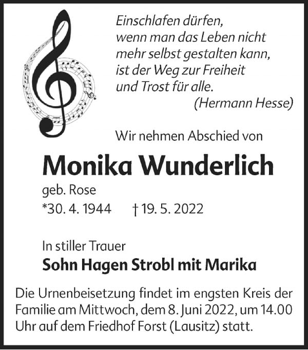 Traueranzeige Monika Wunderlich, geb. Rose