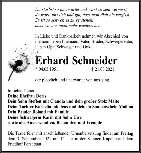 Traueranzeige Erhard Schneider