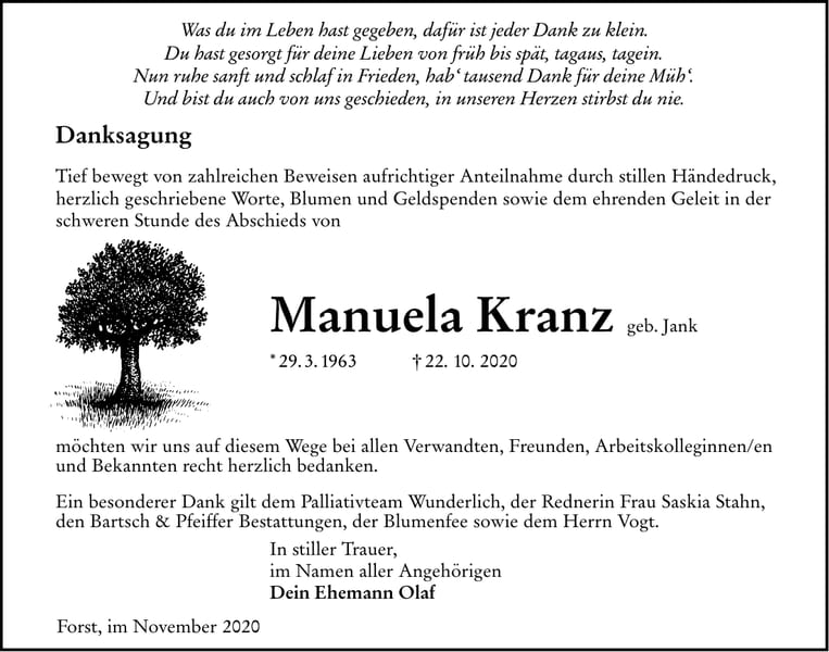 Danksagung Manuela Kranz, geb. Jank