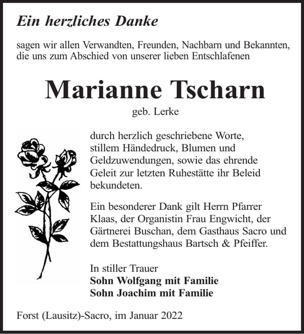 Danksagung Marianne Tscharn, geb. Lerke