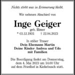 Traueranzeige Inge Geiger, geb. Illmer