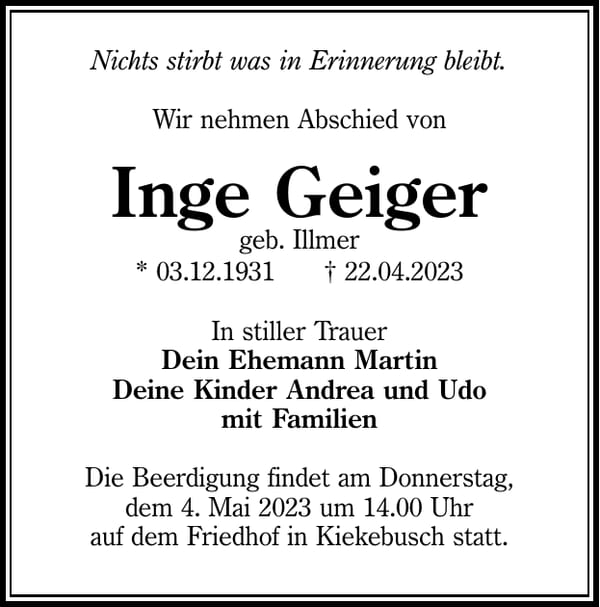 Traueranzeige Inge Geiger, geb. Illmer