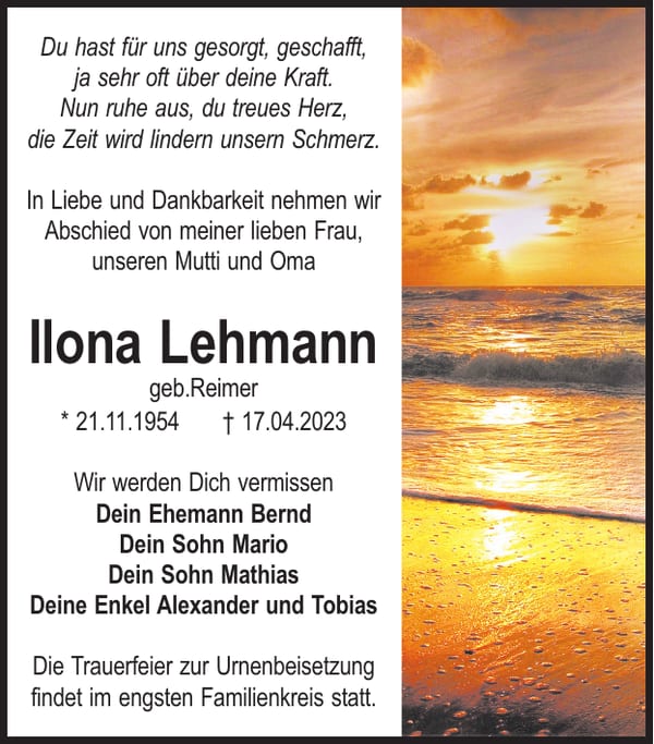 Traueranzeige Ilona Lehmann