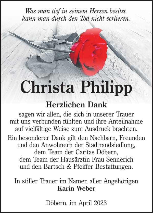 Danksagung Christa Philipp