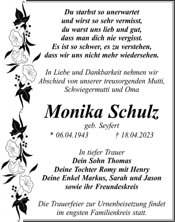 Traueranzeige Monika Schulz, geb. Seyfert
