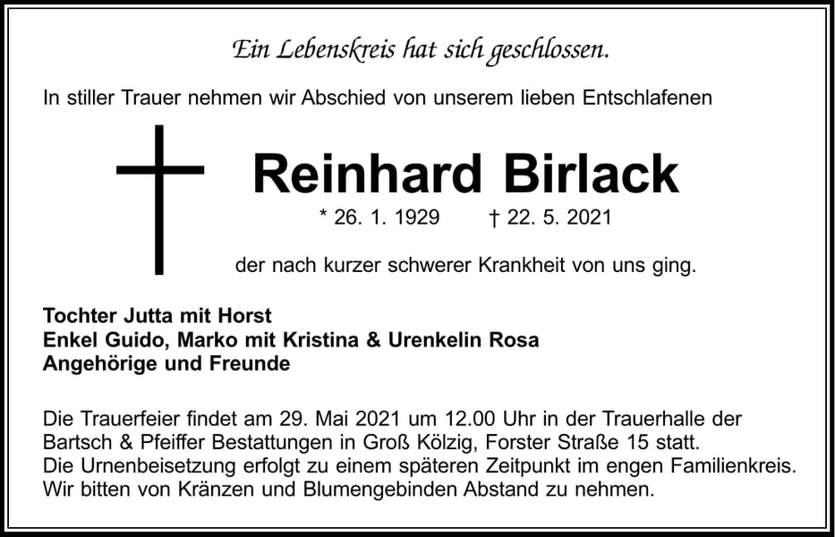 Traueranzeige Reinhard Birlack