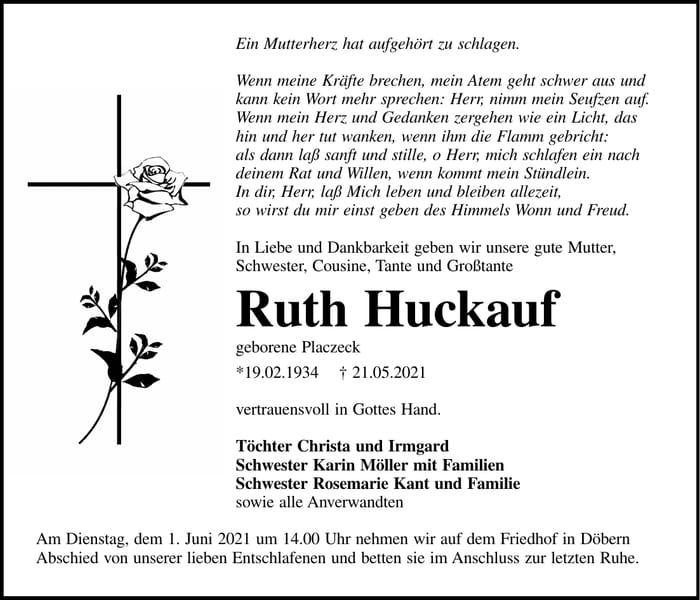 Traueranzeige Ruth Huckauf
