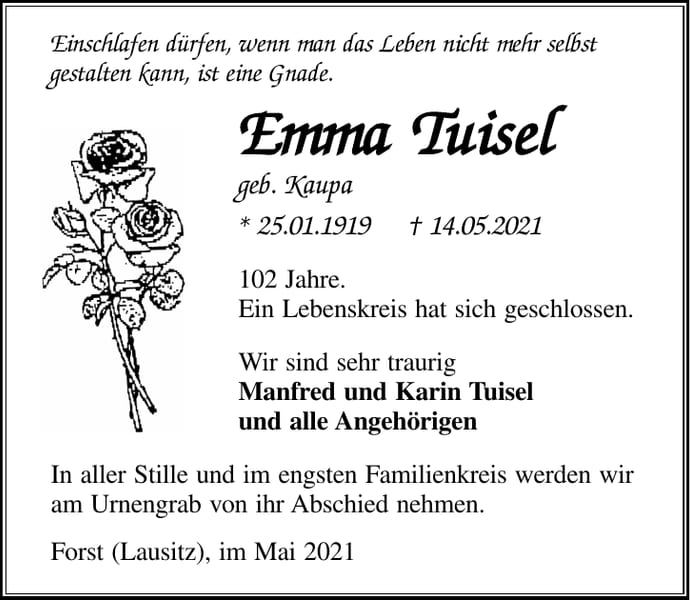 Traueranzeige Emma Tuisel, geb. Kaupa