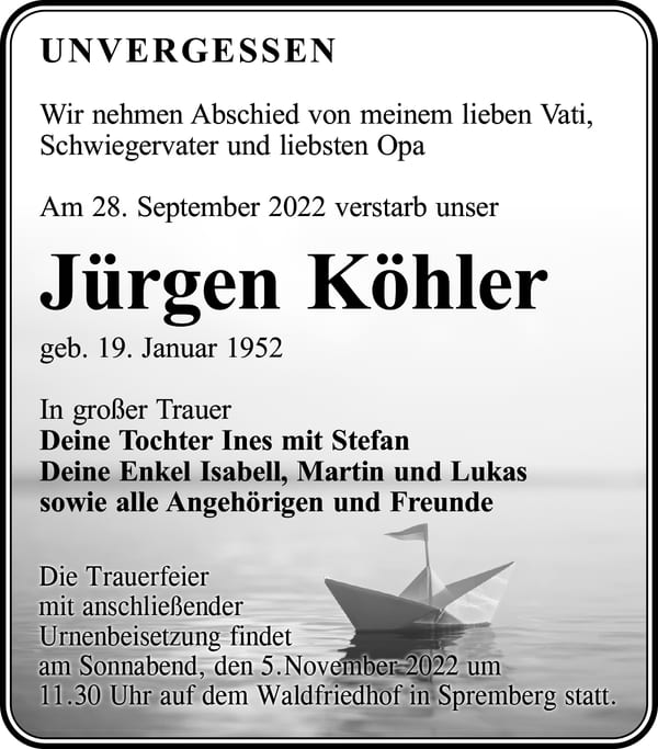 Traueranzeige Jürgen Köhler