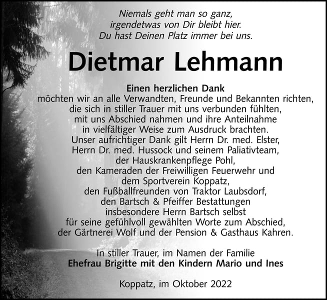 Danksagung Dietmar Lehmann
