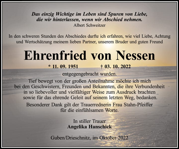 Danksagung Ehrenfried von Nessen