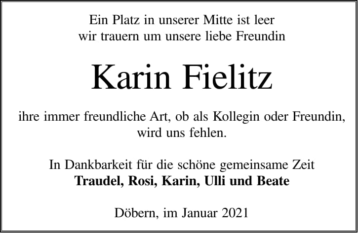 Traueranzeige Karin Fielitz