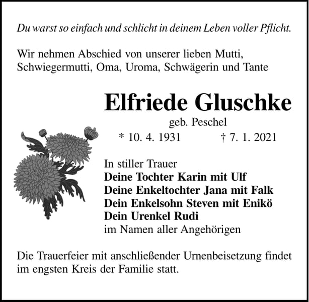 Traueranzeige Elfriede Gluschke, geb. Peschel