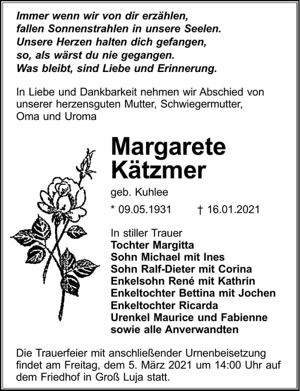 Traueranzeige Margarete Kätzmer, geb. Kuhlee
