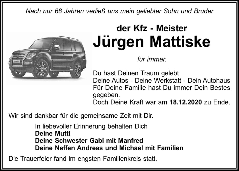 Traueranzeige Jürgen Mattiske
