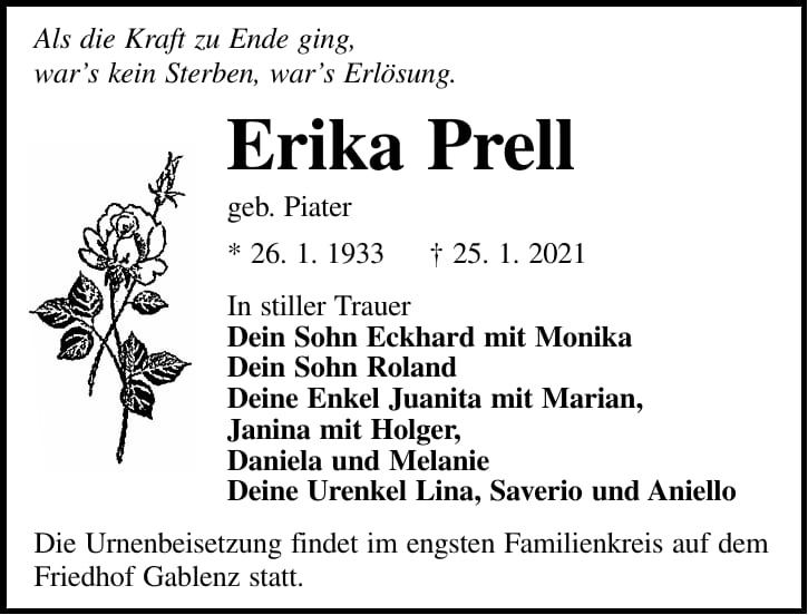 Traueranzeige Erika Prell, geb. Piater