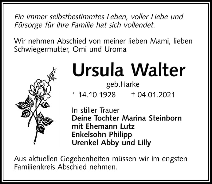 Traueranzeige Ursula Walter