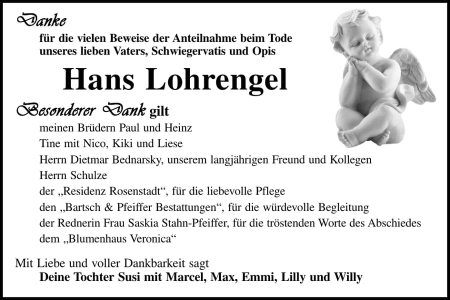 Traueranzeige Hans Lohrengel