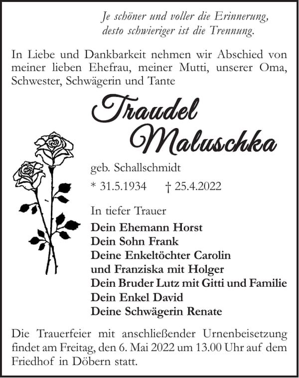 Traueranzeige Traudel Maluschka, geb. Schallschmidt