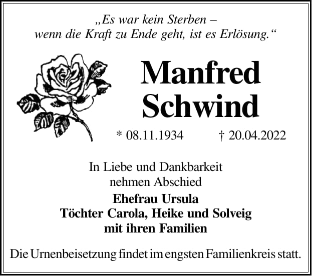 Traueranzeige Manfred Schwind