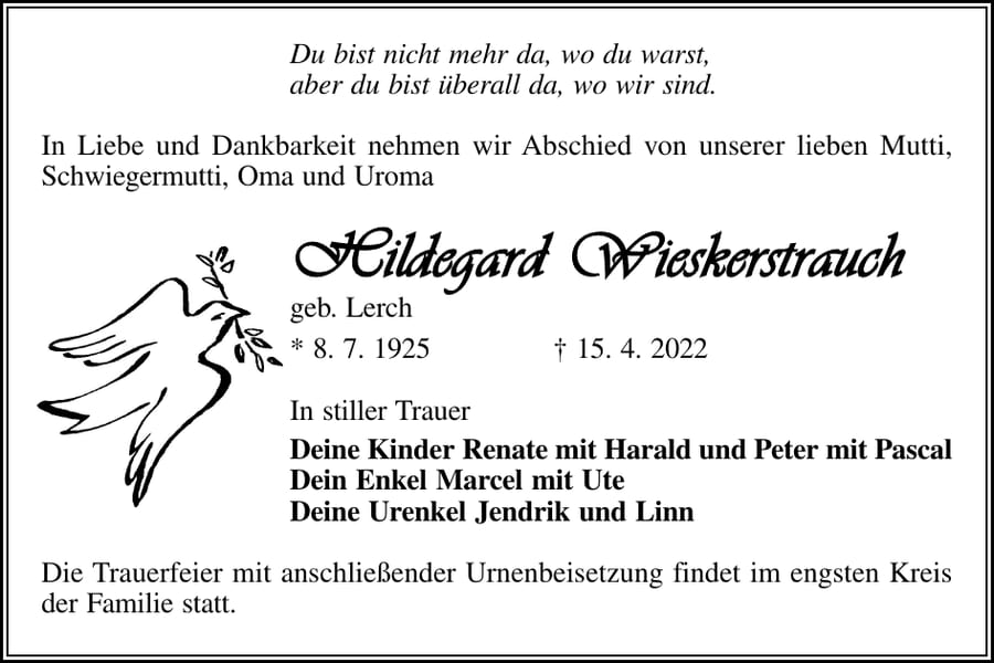 Traueranzeige Hildegard Wieskerstrauch, geb. Lerch