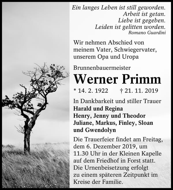 Traueranzeige Brunnenbauermeister Werner Primm
