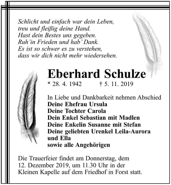 Traueranzeige Eberhard Schulze