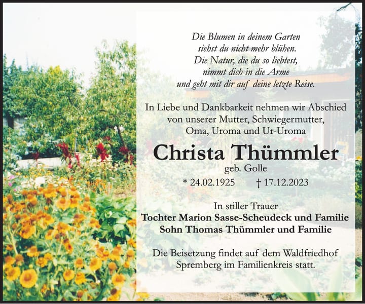 Traueranzeige Christa Thümmler, geb. Golle